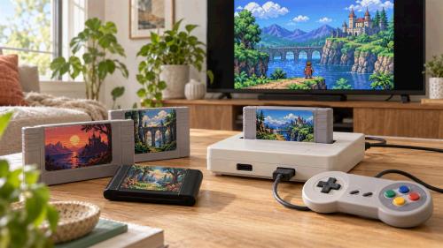 Illustratie van oude gamecartridges bij een moderne spelcomputer en een televisie met pixelbeelden