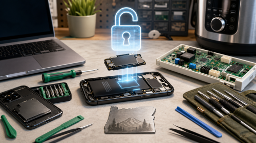 Reparatiewerkbank met consumentenelektronica, vervangende onderdelen en een geopend softwareslot