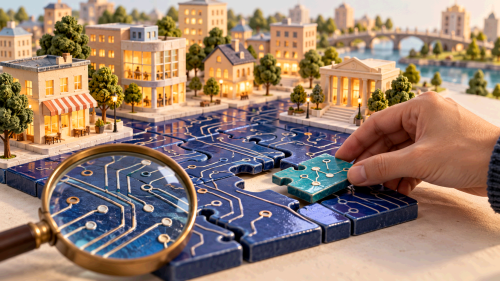Een hand vervangt een onderdeel van een digitaal fundament waarop een miniatuurstad staat